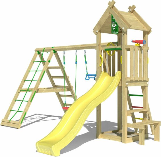 Houten Speeltoren Jungle Totem met Gele Glijbaan en Klimnet