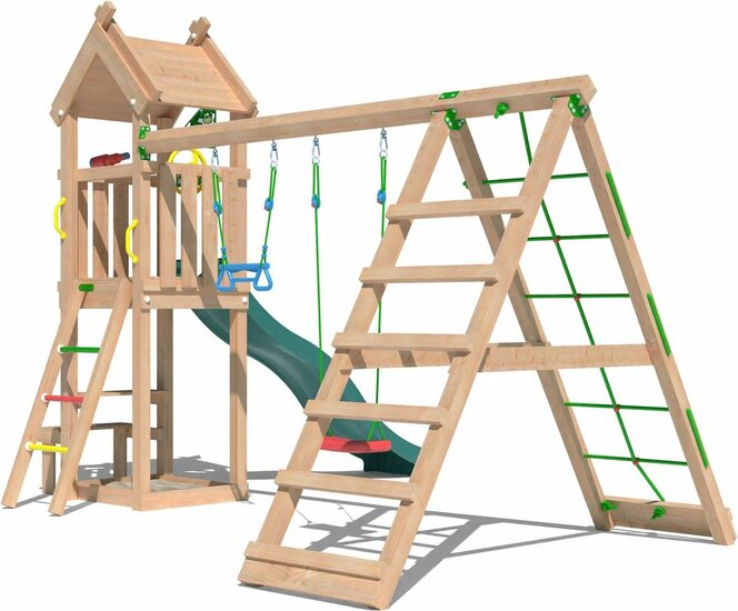 zijaanzicht van Douglas Houten Speeltoren Jungle Totem met Groene Glijbaan en Klimnet
