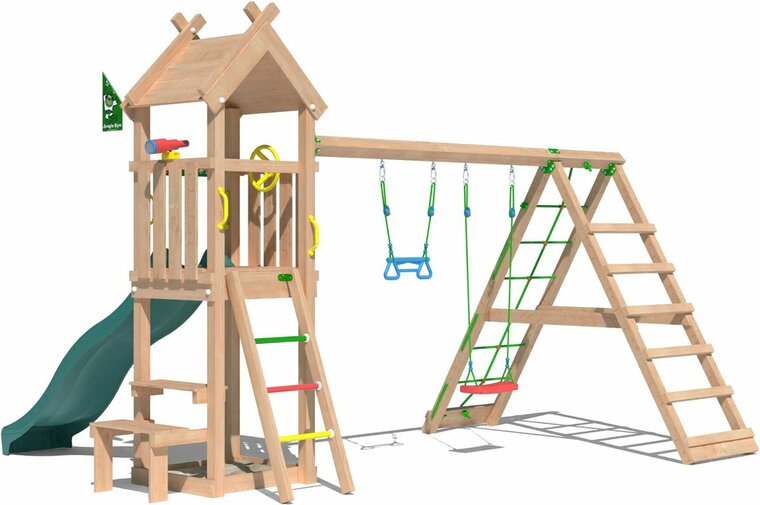 achteraanzicht van Douglas Houten Speeltoren Jungle Totem met Groene Glijbaan en Klimnet