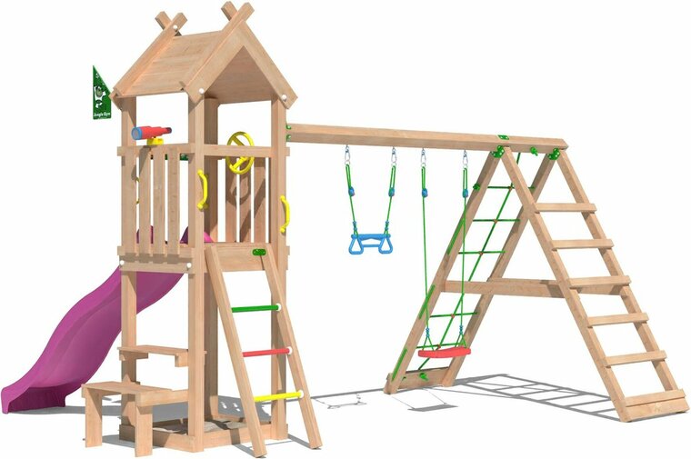 achteraanzicht van Douglas Houten Speeltoren Jungle Totem met Fuchsia Glijbaan en Klimnet