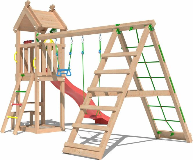 zijkant van Douglas Houten Speeltoren Jungle Totem met Rode Glijbaan en Klimnet