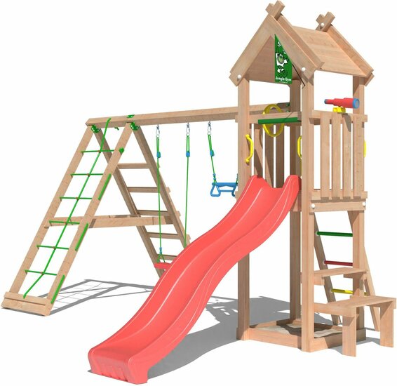 Douglas Houten Speeltoren Jungle Totem met Rode Glijbaan en Klimnet