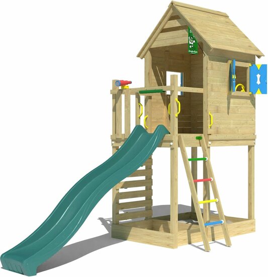 Houten Speeltoren Jungle Oasis met Groene Glijbaan