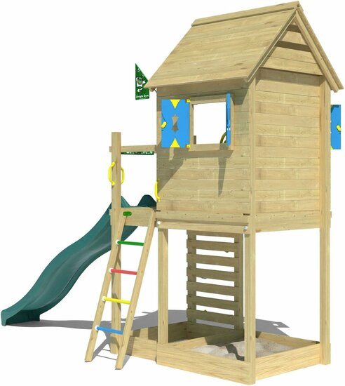 achterkant van Houten Speeltoren Jungle Oasis met Groene Glijbaan