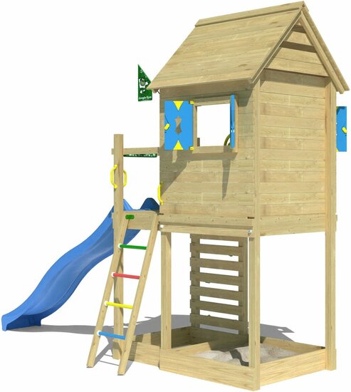 zijkant van Houten Speeltoren Jungle Oasis met Blauwe Glijbaan