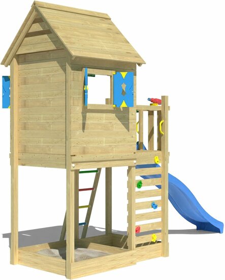 achterkant van Houten Speeltoren Jungle Oasis met Blauwe Glijbaan
