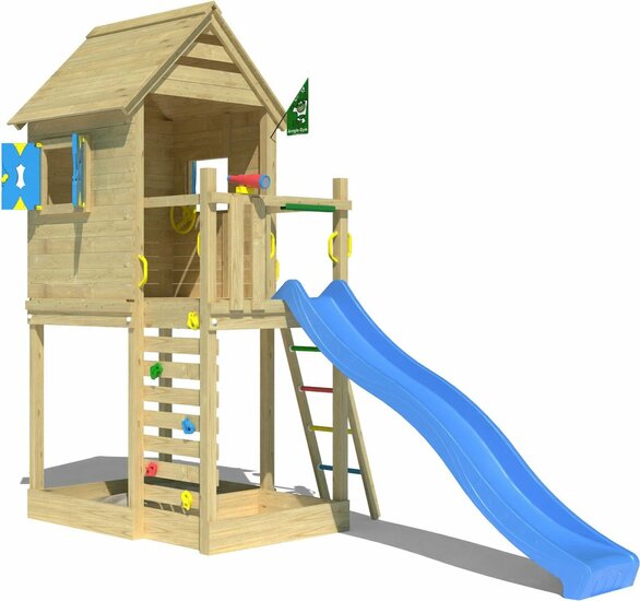 voorkant van Houten Speeltoren Jungle Oasis met Blauwe Glijbaan