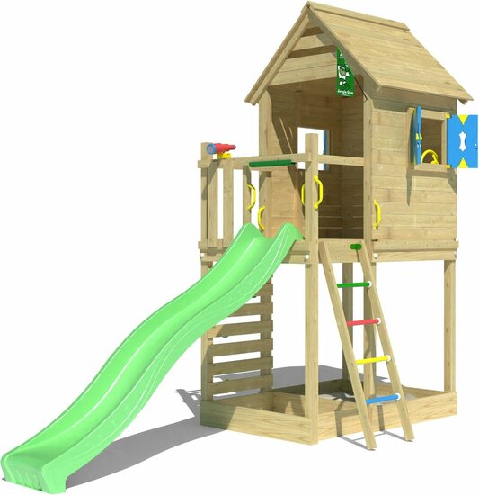 Houten Speeltoren Jungle Oasis met Lichtgroene Glijbaan