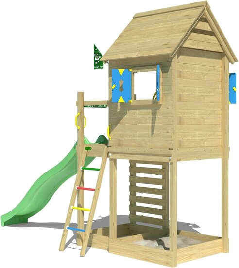 zijkant van Houten Speeltoren Jungle Oasis met Lichtgroene Glijbaan