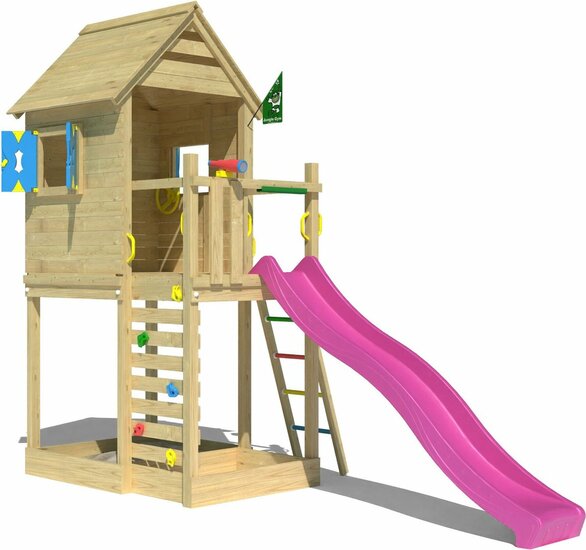 voorkant van Houten Speeltoren Jungle Oasis met Fuchsia Glijbaan