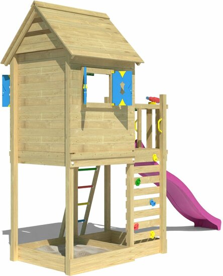 achterkant van Houten Speeltoren Jungle Oasis met Fuchsia Glijbaan