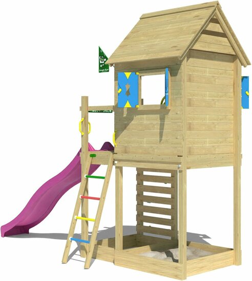 zijkant van Houten Speeltoren Jungle Oasis met Fuchsia Glijbaan