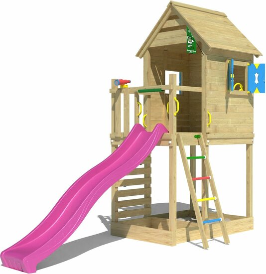 Houten Speeltoren Jungle Oasis met Fuchsia Glijbaan