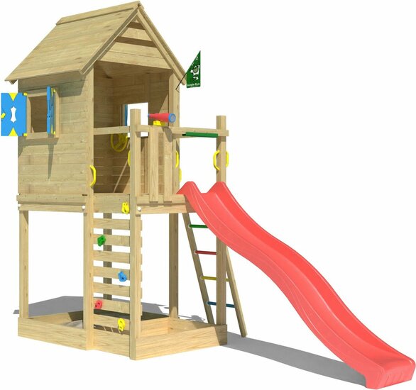 voorkant van Houten Speeltoren Jungle Oasis met Rode Glijbaan