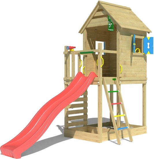 Houten Speeltoren Jungle Oasis met Rode Glijbaan