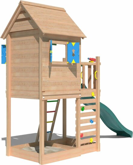 zijkant van Douglas Houten Speeltoren Jungle Oasis met Groene Glijbaan