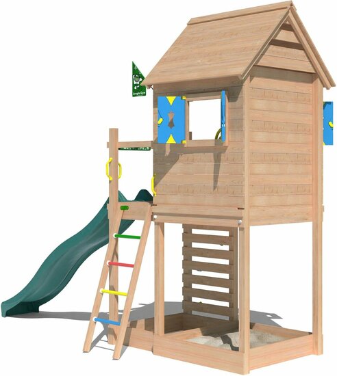 achterkant van Douglas Houten Speeltoren Jungle Oasis met Groene Glijbaan