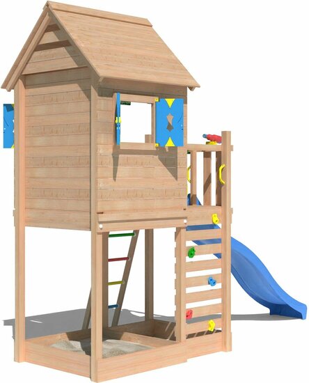 zijkant van Douglas Houten Speeltoren Jungle Oasis met Blauwe Glijbaan