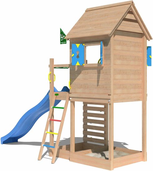 achterkant Douglas Houten Speeltoren Jungle Oasis met Blauwe Glijbaan