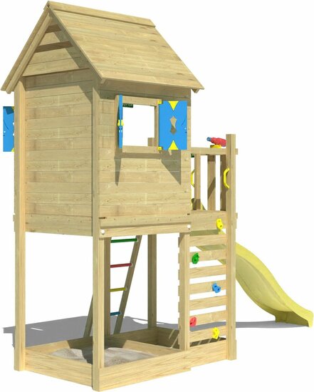 achterkant Houten Speeltoren Jungle Oasis met Gele Glijbaan