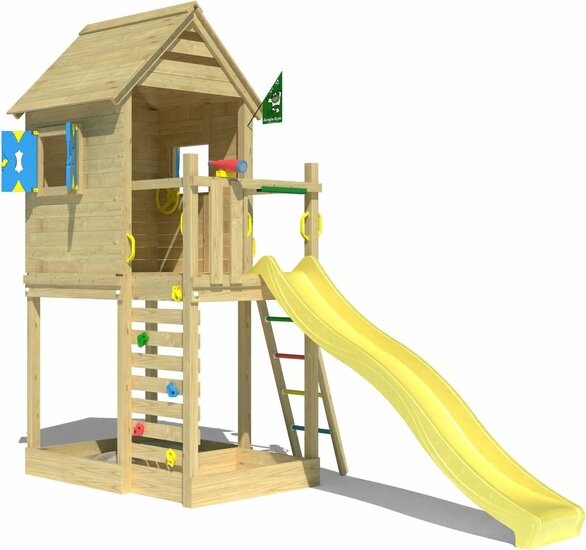 voorkant Houten Speeltoren Jungle Oasis met Gele Glijbaan