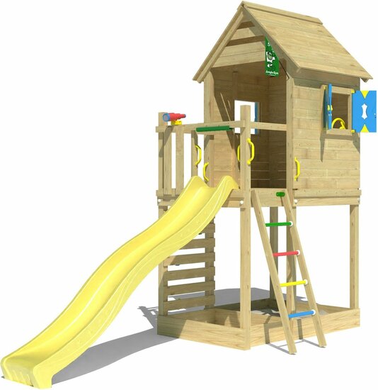 Houten Speeltoren Jungle Oasis met Gele Glijbaan