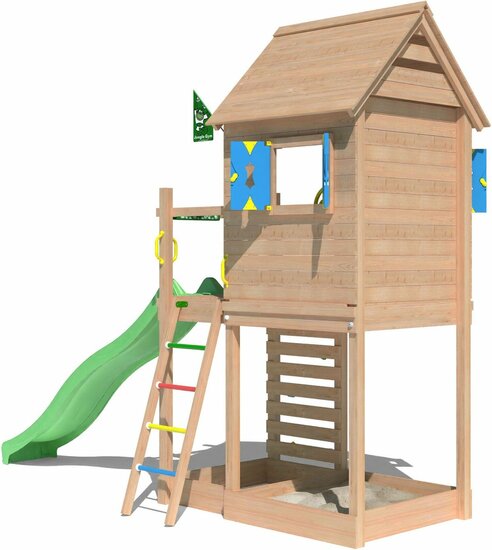 achterkant Douglas Houten Speeltoren Jungle Oasis met Lichtgroene Glijbaan