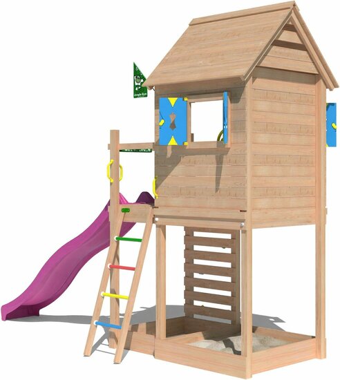 achterkant Douglas Houten Speeltoren Jungle Oasis met Fuchsia Glijbaan