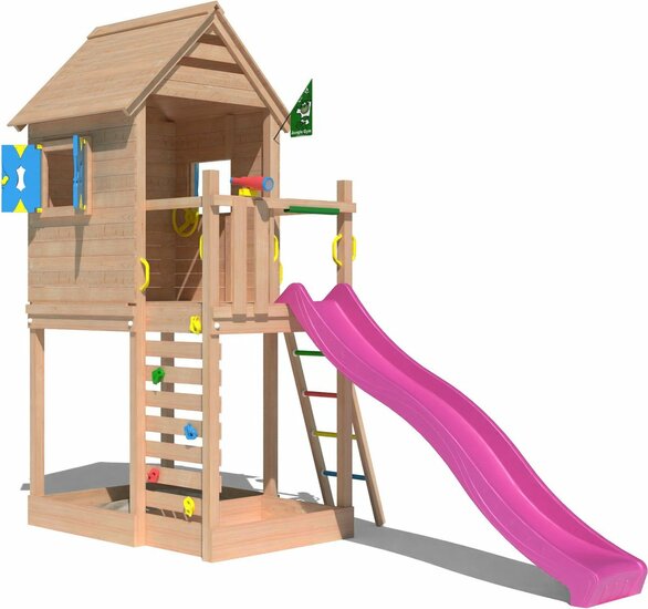 voorkant Douglas Houten Speeltoren Jungle Oasis met Fuchsia Glijbaan