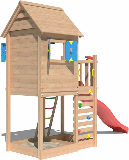 zijkant van Douglas Houten Speeltoren Jungle Oasis met Rode Glijbaan