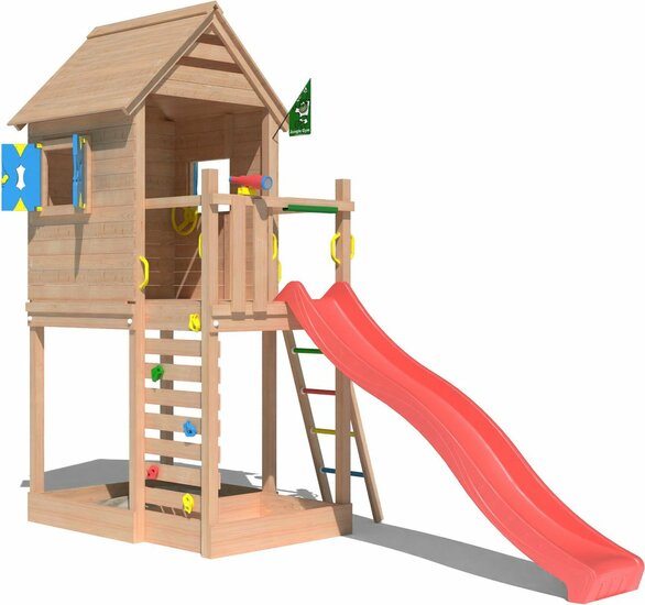 voorkant van Douglas Houten Speeltoren Jungle Oasis met Rode Glijbaan