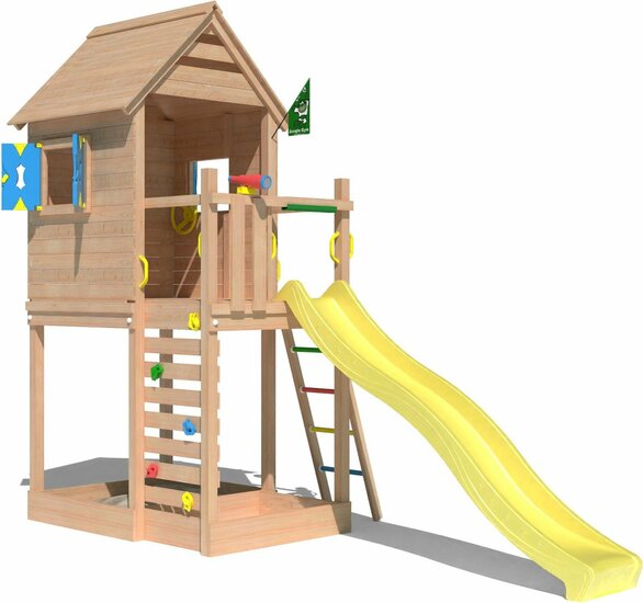 voorkant van Douglas Houten Speeltoren Jungle Oasis met Gele Glijbaan