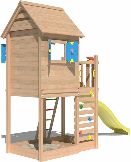 zijkant van Douglas Houten Speeltoren Jungle Oasis met Gele Glijbaan