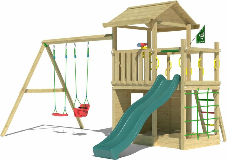 Houten Speeltoren Jungle Cavern met Groene Glijbaan en Dubbele Schommel
