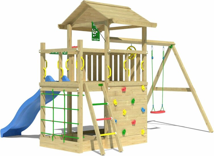 achterkant Houten Speeltoren Jungle Cavern met Blauwe Glijbaan en Dubbele Schommel