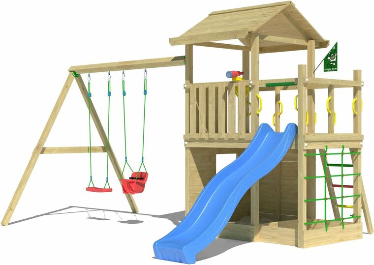 Houten Speeltoren Jungle Cavern met Blauwe Glijbaan en Dubbele Schommel