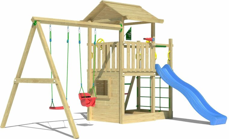 voorkant Houten Speeltoren Jungle Cavern met Blauwe Glijbaan en Dubbele Schommel
