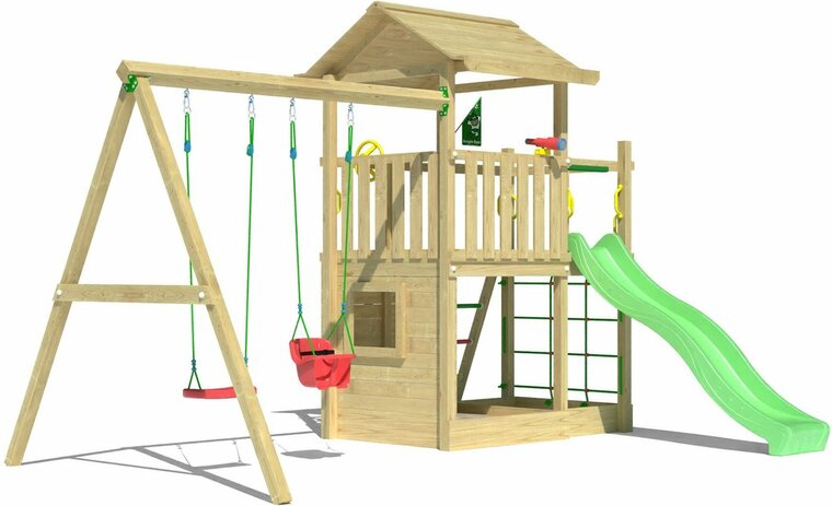 voorkant Houten Speeltoren Jungle Cavern met Lichtgroene Glijbaan en Dubbele Schommel
