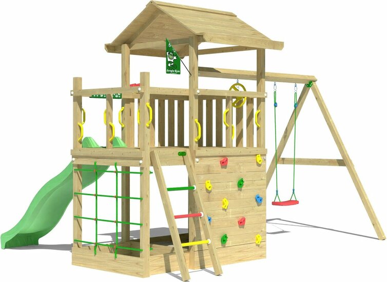 achterkant Houten Speeltoren Jungle Cavern met Lichtgroene Glijbaan en Dubbele Schommel