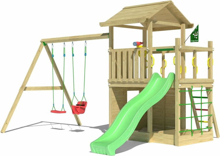 Houten Speeltoren Jungle Cavern met Lichtgroene Glijbaan en Dubbele Schommel