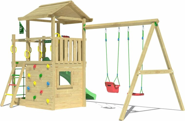 zijkant Houten Speeltoren Jungle Cavern met Lichtgroene Glijbaan en Dubbele Schommel