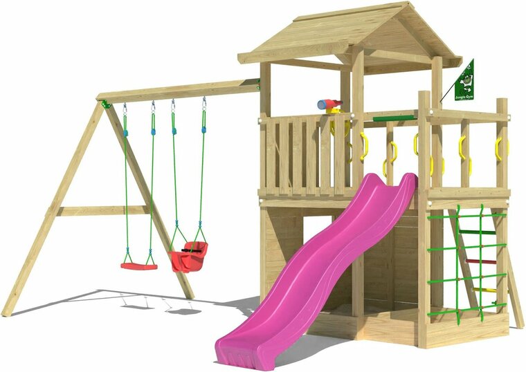 Houten Speeltoren Jungle Cavern met Fuchsia Glijbaan en Dubbele Schommel