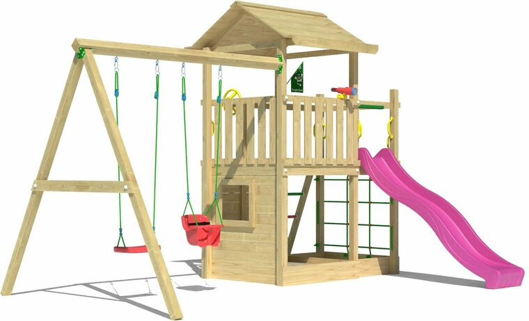 voorkant Houten Speeltoren Jungle Cavern met Fuchsia Glijbaan en Dubbele Schommel