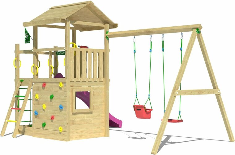 zijkant Houten Speeltoren Jungle Cavern met Fuchsia Glijbaan en Dubbele Schommel