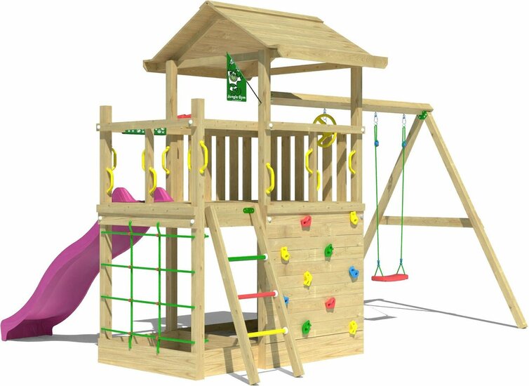 achterkant Houten Speeltoren Jungle Cavern met Fuchsia Glijbaan en Dubbele Schommel