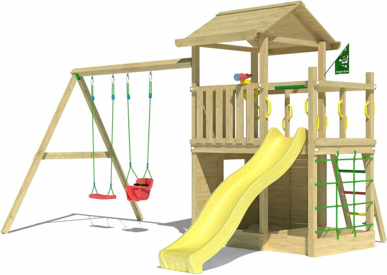 Houten Speeltoren Jungle Cavern met Gele Glijbaan en Dubbele Schommel