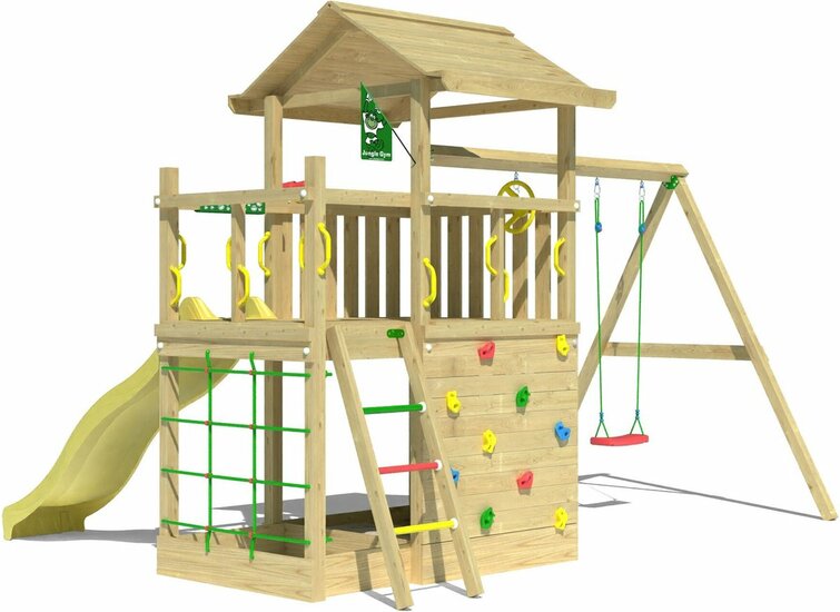 achterkant Houten Speeltoren Jungle Cavern met Gele Glijbaan en Dubbele Schommel