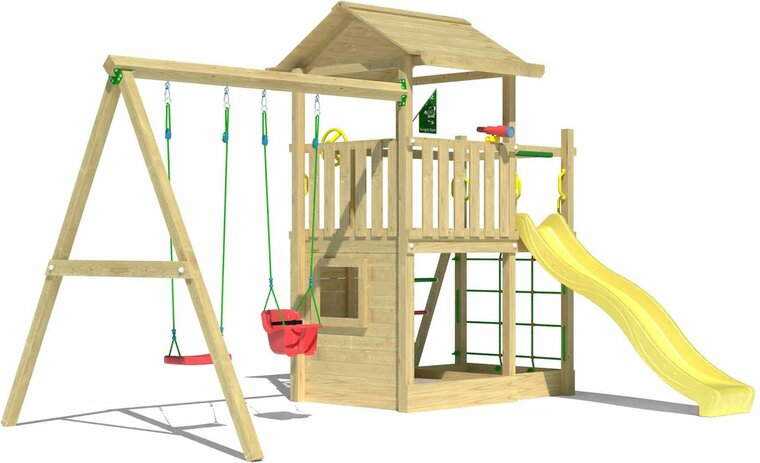 voorkant Houten Speeltoren Jungle Cavern met Gele Glijbaan en Dubbele Schommel