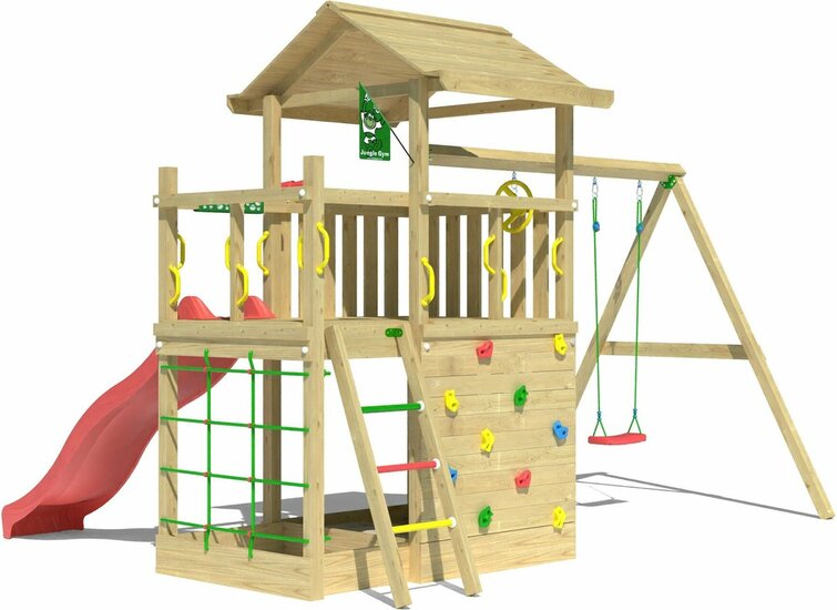 achterkant Houten Speeltoren Jungle Cavern met Rode Glijbaan en Dubbele Schommel
