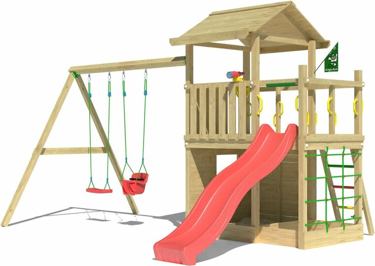 Houten Speeltoren Jungle Cavern met Rode Glijbaan en Dubbele Schommel